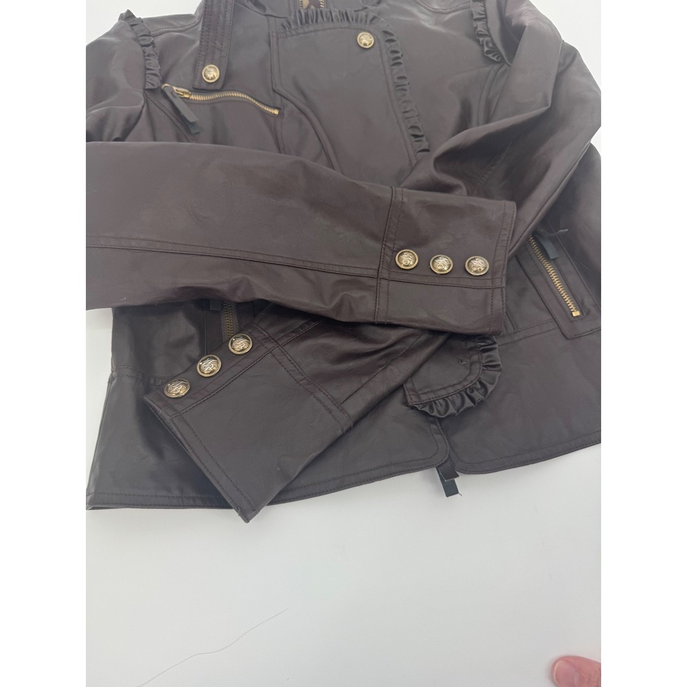 Apple Bottoms Womens Brown Faux Leather Ruffle Moto Jacket Leopard Lining L - Picture 8 of 13